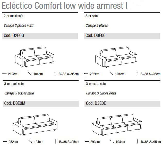 Dimensions of the Eclectico Comfort Sofa Ditre Italia for 2 and 3 Linear Seats